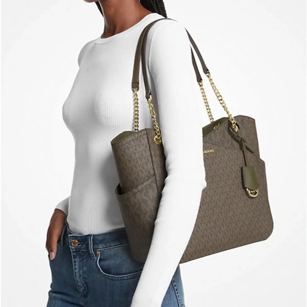 MICHAEL KORS Jet Set Large XChain Logo Shoulder Tote Bag OLIVE/BROWN COLOR